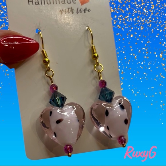 Handmade Heart Earrings with Pink , Gray and Gold Accents w/ Swarovski crystals - Picture 1 of 7